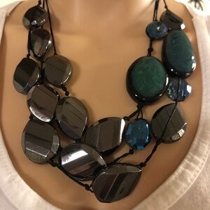 CHICOS Elegant Black and Blue and Silver Statement Necklace